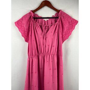 Bohemian Pink Maxi Dress With Lace Sleeves & Embroidery Size L By The River